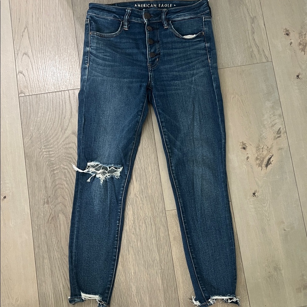 American Eagle Outfitters Women's Dark Blue Ripped Ankle Jeans